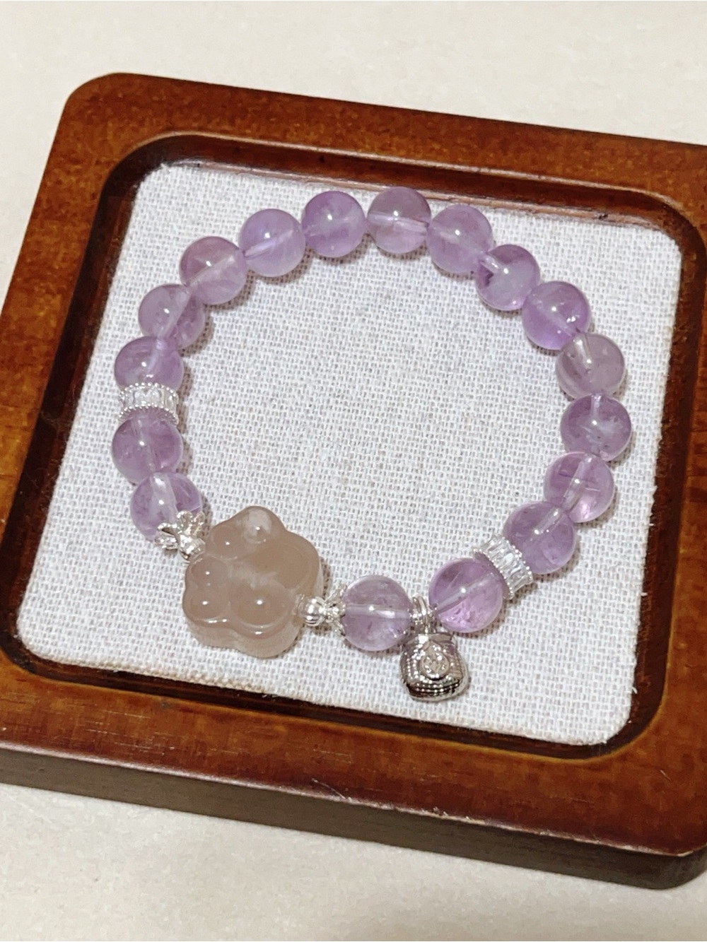 Handmade Paw🐾 Sakura Agate Charm & Natural Purple Amethyst Beaded Bracelet 10mm